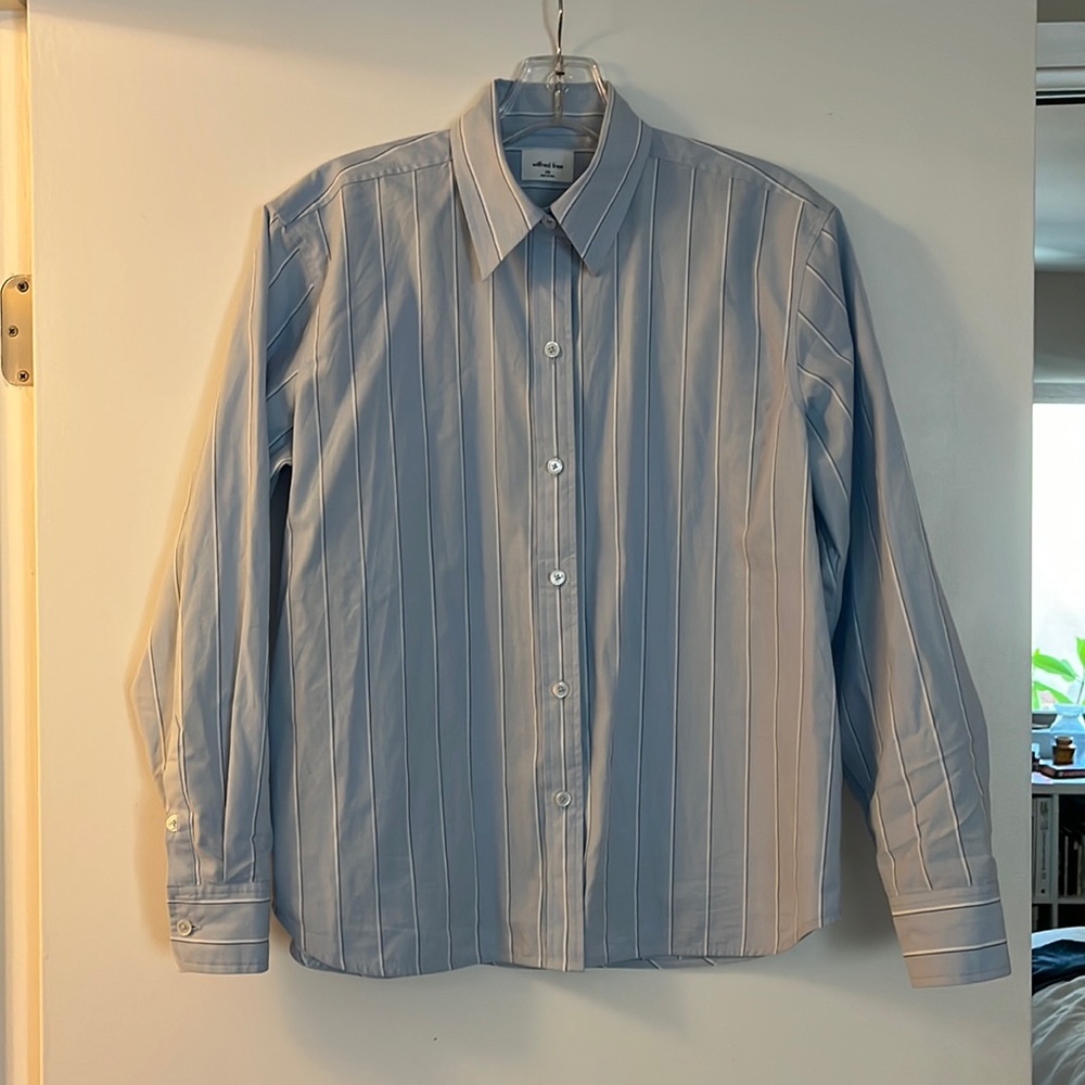 Wilfred Free Departure Shirt. Blue/white stripe cotton button up
